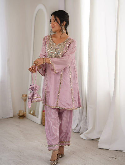 Pastel Mirror Embroidered Work Kurti Pant Set Free Potli