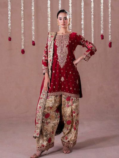 Red Cream Georgette Exquisite Embroidery Patiala Suit
