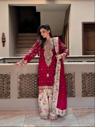 Red Cream Georgette Exquisite Embroidery Patiala Suit