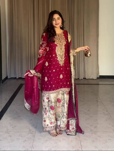 Red Cream Georgette Exquisite Embroidery Patiala Suit