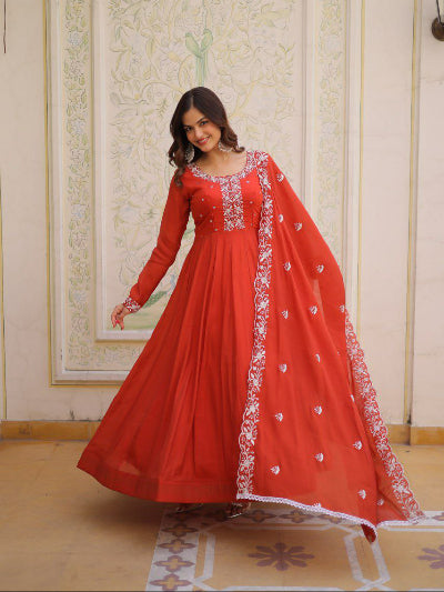 Deep Orange Chanderi Anarkali Gown Dupatta Set Of 2