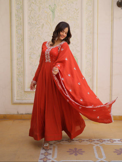 Deep Orange Chanderi Anarkali Gown Dupatta Set Of 2