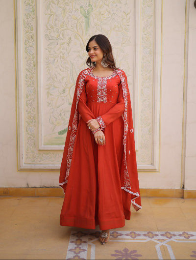 Deep Orange Chanderi Anarkali Gown Dupatta Set Of 2