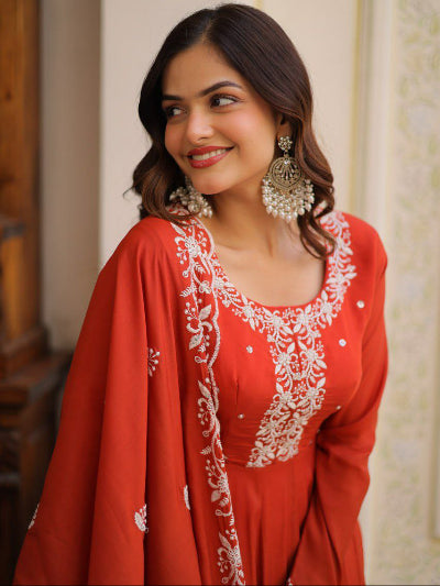 Deep Orange Chanderi Anarkali Gown Dupatta Set Of 2