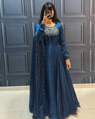 Royal Blue Long Embroidered Gown Dupatta Set Of 2 - BONYHUBSALWAR KAMEEZ
