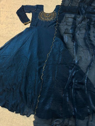 Royal Blue Long Embroidered Gown Dupatta Set Of 2 - BONYHUBSALWAR KAMEEZ