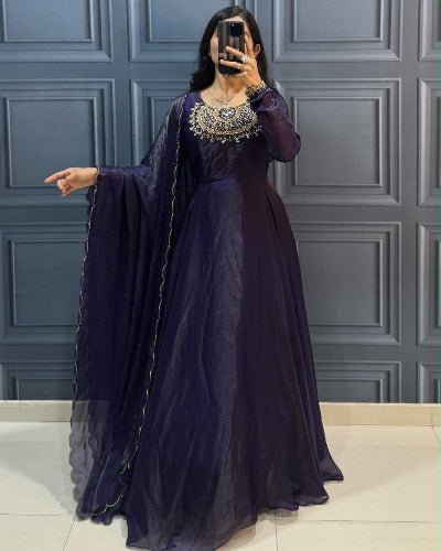 Deep Purple Long Embroidered Gown Dupatta Set Of 2 - BONYHUBSALWAR KAMEEZ