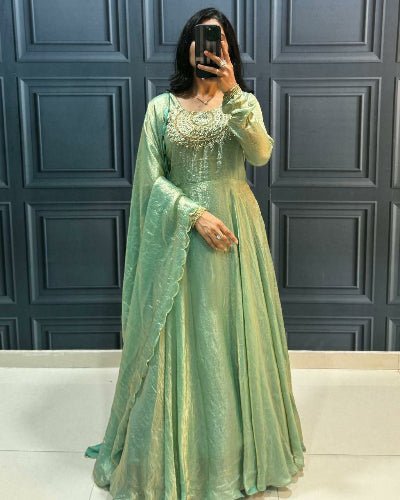 Pista Green Long Embroidered Gown Dupatta Set Of 2 - BONYHUBSALWAR KAMEEZ