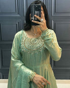 Pista Green Long Embroidered Gown Dupatta Set Of 2 - BONYHUBSALWAR KAMEEZ