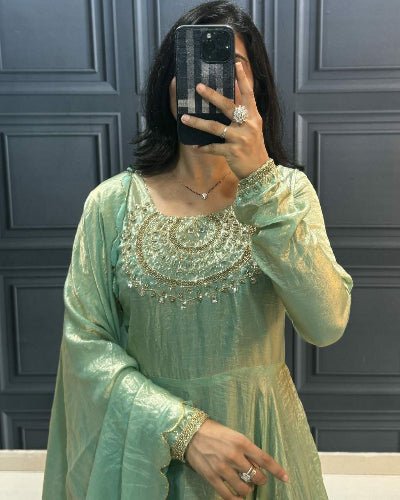 Pista Green Long Embroidered Gown Dupatta Set Of 2 - BONYHUBSALWAR KAMEEZ