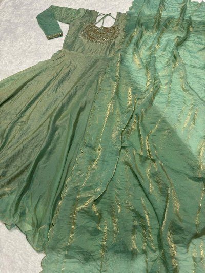 Pista Green Long Embroidered Gown Dupatta Set Of 2 - BONYHUBSALWAR KAMEEZ