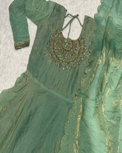 Pista Green Long Embroidered Gown Dupatta Set Of 2 - BONYHUBSALWAR KAMEEZ