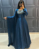 Royal Blue Long Embroidered Gown Dupatta Set Of 2 - BONYHUBSALWAR KAMEEZ
