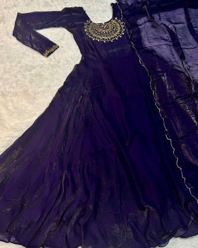 Deep Purple Long Embroidered Gown Dupatta Set Of 2 - BONYHUBSALWAR KAMEEZ
