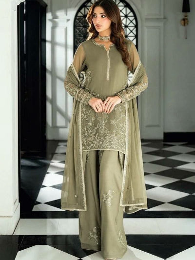 Dusty Green Georgette Embroidery work Farshi Suit