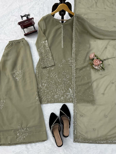 Dusty Green Georgette Embroidery work Farshi Suit
