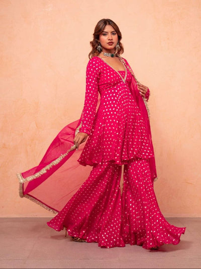 Pink Jacquard Chanderi Sharara Suit Set