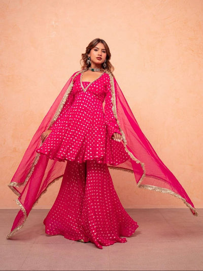Pink Jacquard Chanderi Sharara Suit Set