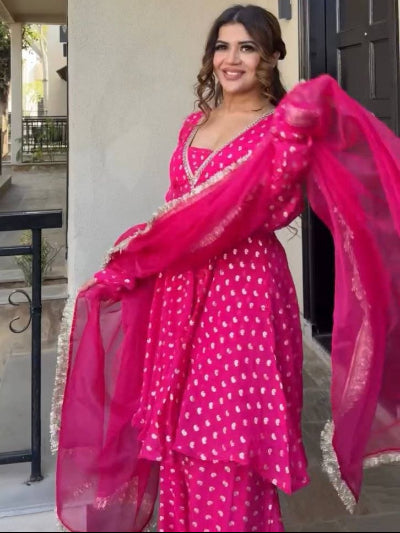 Pink Jacquard Chanderi Sharara Suit Set