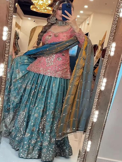 Blush Pink &amp; Aqua Blue Embroidery Work Sharara Suit for Women