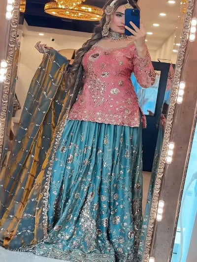 Blush Pink &amp; Aqua Blue Embroidery Work Sharara Suit for Women