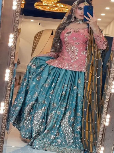 Blush Pink &amp; Aqua Blue Embroidery Work Sharara Suit for Women
