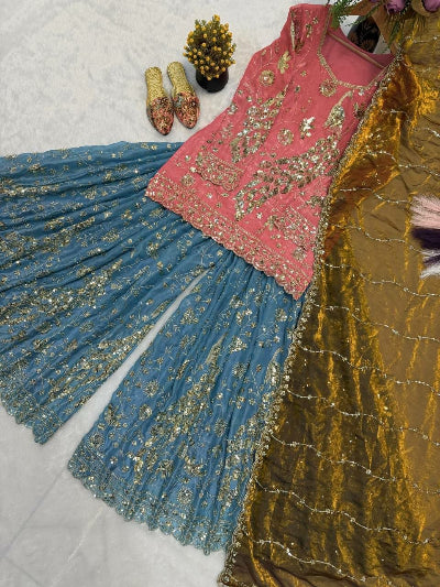 Blush Pink &amp; Aqua Blue Embroidery Work Sharara Suit for Women