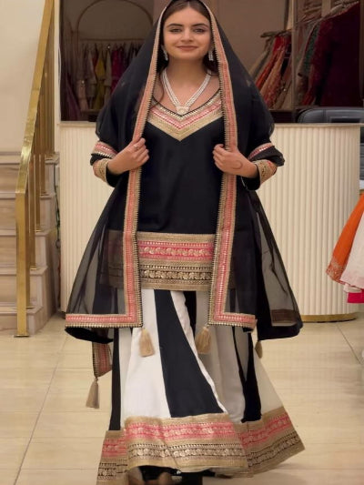Black Crepe Silk Embroidered Sharara Suit for Women