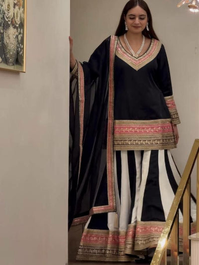 Black Crepe Silk Embroidered Sharara Suit for Women