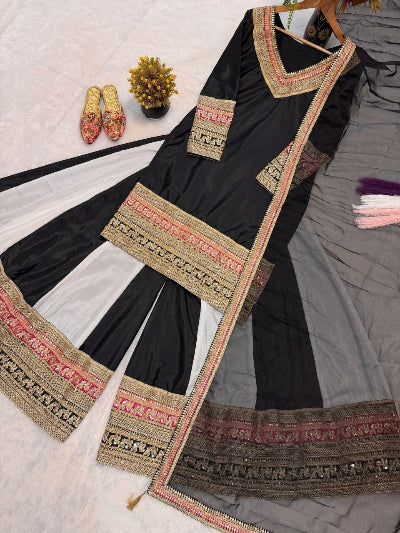 Black Crepe Silk Embroidered Sharara Suit for Women