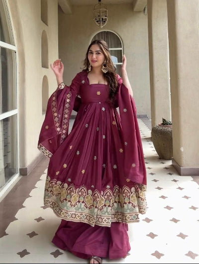Berry Plum Crepe Silk Embroidered Anarkali Suit