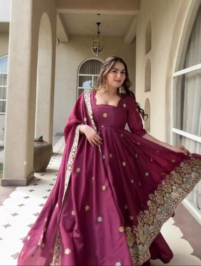 Berry Plum Crepe Silk Embroidered Anarkali Suit