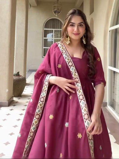 Berry Plum Crepe Silk Embroidered Anarkali Suit