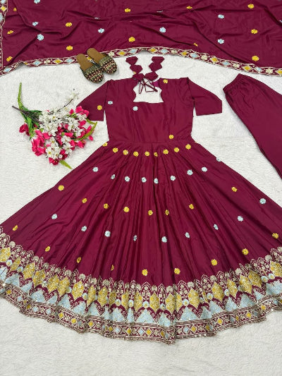 Berry Plum Crepe Silk Embroidered Anarkali Suit