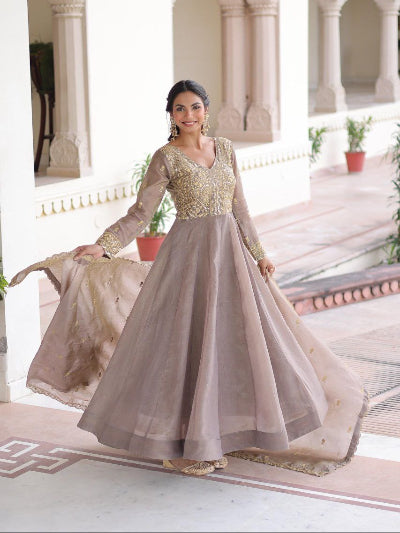 Muted Grey Gold Embroidery Anarkali Gown Dupatta Set Of 2