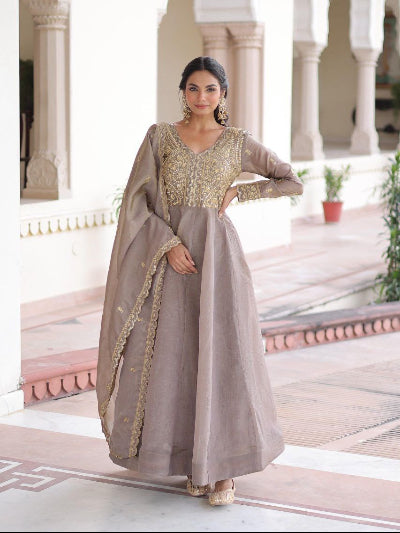 Muted Grey Gold Embroidery Anarkali Gown Dupatta Set Of 2