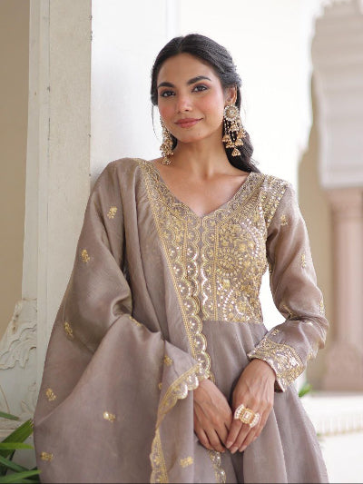 Muted Grey Gold Embroidery Anarkali Gown Dupatta Set Of 2