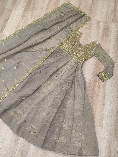 Muted Grey Gold Embroidery Anarkali Gown Dupatta Set Of 2
