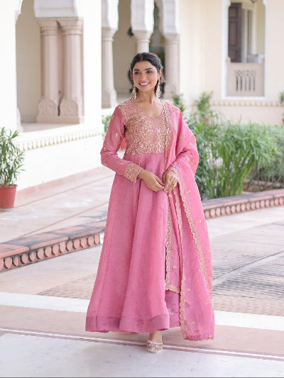 Blush Pink Gold Embroidery Anarkali Gown Dupatta Set Of 2