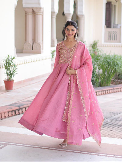 Blush Pink Gold Embroidery Anarkali Gown Dupatta Set Of 2