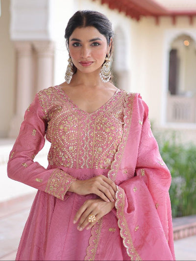 Blush Pink Gold Embroidery Anarkali Gown Dupatta Set Of 2
