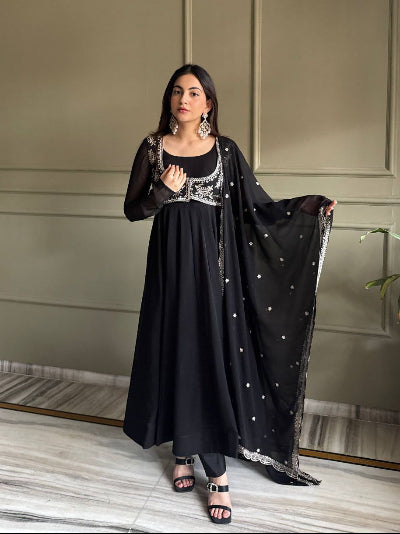 Black Georgette Embroidered Zari Work Anarkali Suit