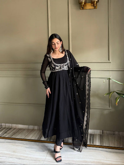 Black Georgette Embroidered Zari Work Anarkali Suit