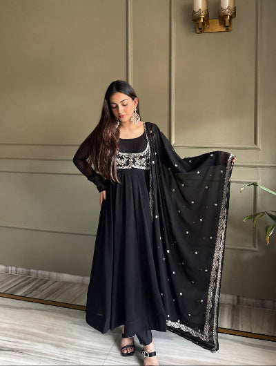 Black Georgette Embroidered Zari Work Anarkali Suit