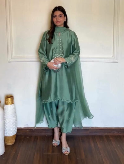Sage Green Thread Embroidery Work Salwar Suit Set