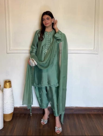 Sage Green Thread Embroidery Work Salwar Suit Set