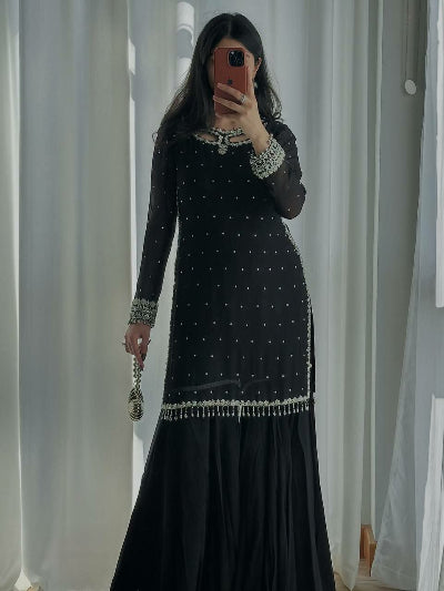 Black Georgette Embroidered Sharara Suit for Women