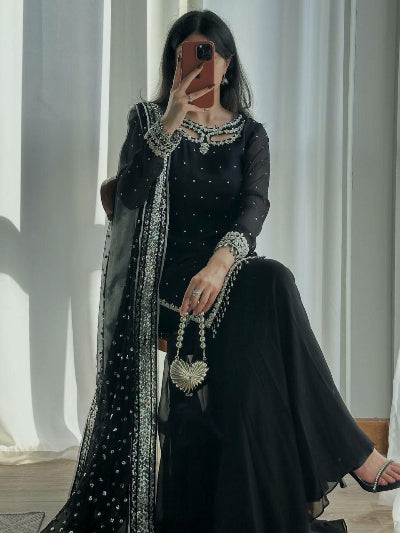 Black Georgette Embroidered Sharara Suit for Women