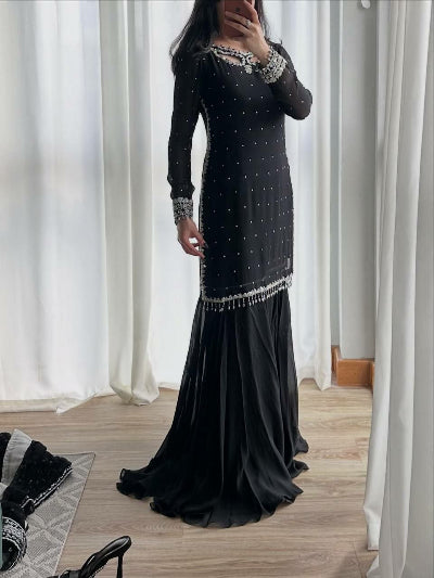 Black Georgette Embroidered Sharara Suit for Women