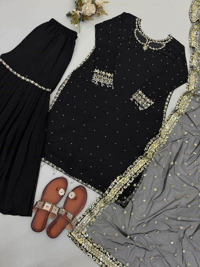 Black Georgette Embroidered Sharara Suit for Women